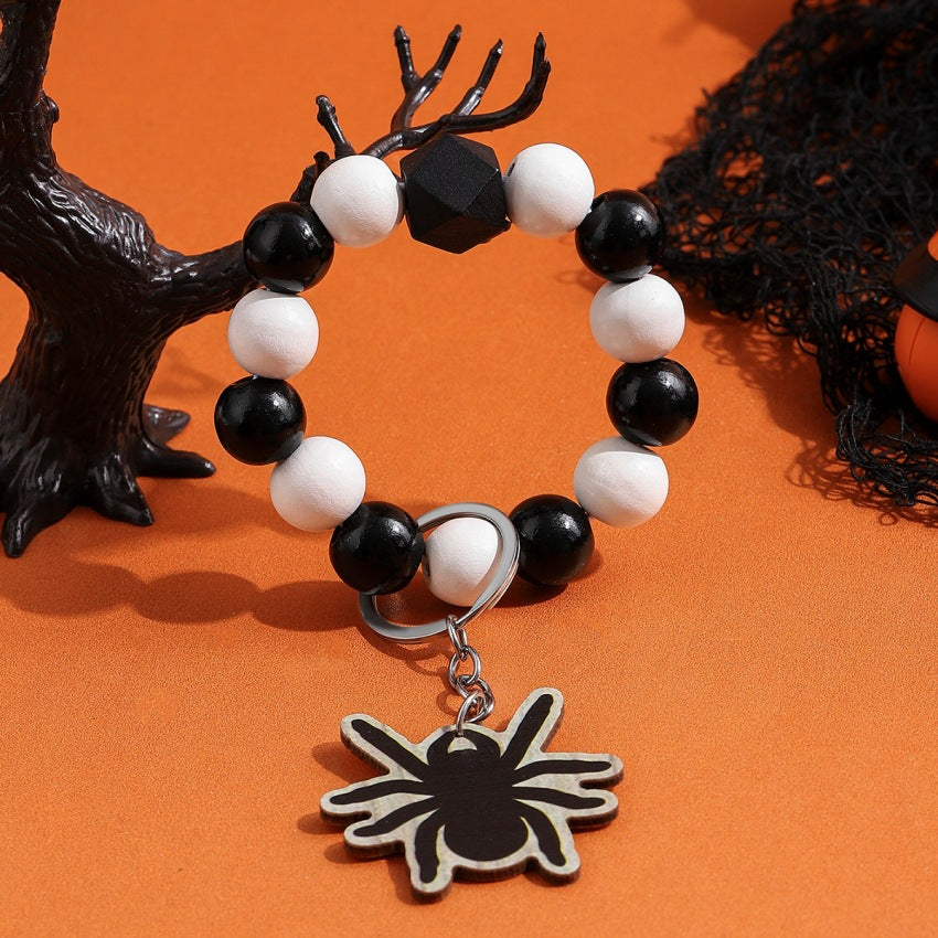Wholesale Halloween Wooden Spooky Pumpkin Spider Beaded Wrist Keychain